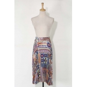 Tribal Print Elastic Waist Asymmetric Hem Pleated Skirt