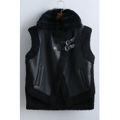 Fall Winter Faux Fur Round Neck Sleeveless Leather Motorcycle Vest