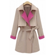 Women's Stylish Color Block Notched Lapel Long Sleeve Trench Coat