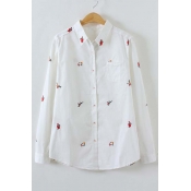 Lapel Embroidery Floral Print Single Breasted Long Sleeve Shirt