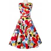 Women's Fashion Colorful Pattern Sleeveless Zip Back Swing Dress