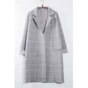 Fashion Plaid Notched Lapel Long Sleeve Longline Cardigan Open-Front Knitted Coat