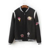 Stand-Up Collar Zip-Front Embroidery Cartoon Pattern Color Block Bomber Jacket