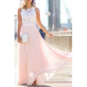 Fashion Sleeveless Lace Chiffon Maxi A-Line Dress Elegant Party Dress