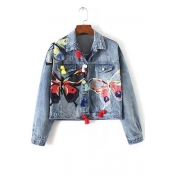 Stylish Colorful Butterfly Embroidered Lapel Denim Jacket