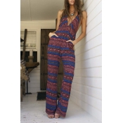 Sexy Plunge Neck Tied Back Striped Floral Print Jumpsuit