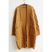 Vintage Style Cable Knit Open-Front Longline Cardigan