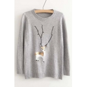 Fashion Sequined Deer Print Beaded Striped Trim Sweater