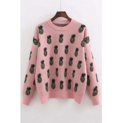 New Pineapple Drop Shoulder Long Sleeve Round Neck Sweater