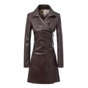 Trendy Notched Lapel Double Breasted Long Sleeve PU Tunic Coat