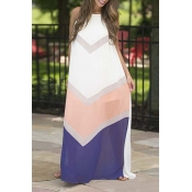 Sexy Color Block V Striped Halter Sleeveless Cutout Back Maxi Swing Dress