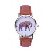 Hot Colorful Elephant Print Leather Band Wristwatch