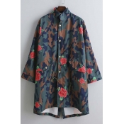 New Arrival Fashion Rose Camo Printed Dip Hem Long Trench Coat