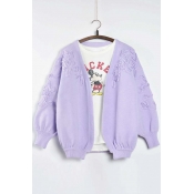 New Arrival Fashion Puff Sleeve Floral Decoration Open-front Cardigan