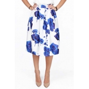 Stylish Blue Rose Print A-line Midi Skirt