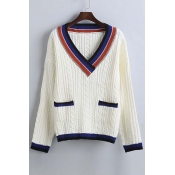 Fashion Contrast Trim Color Block Plunge Neck Drop Long Sleeve Sweater