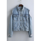 Fall New Fashion Sexy Cold Shoulder Cut Out Detail Denim Coat