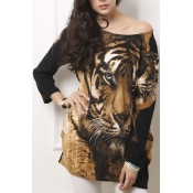Tiger Print Round Neck Long Sleeve Short T-Shirt Dress