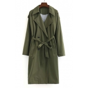 Trendy Notched Lapel Belt Waist Double Breasted Long Sleeve Coat