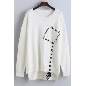 Loose Embellished Pocket with Sennit Drop Long Sleeve High Low Trim Sweater