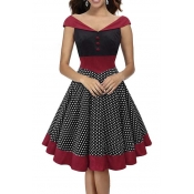 Women's Vintage Style Off Shoulder V-neck Polka Dot Print Midi Dress