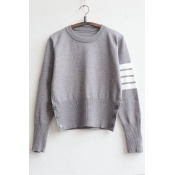 Fashion Striped Detail Long Sleeve Pullover Sweater with Buttons
