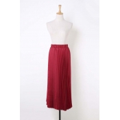 Elastic Waist Plain Maxi Pleated Skirt