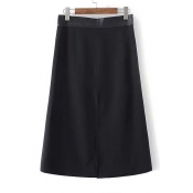 Leather Panel High Waist Split-Front A-Line Skirt