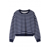 Loose Striped Color Block Elastic Trim Round Neck Long Sleeve T-Shirt
