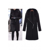 New Arrival Stylish Fur Collar Zip Front Wool Coat