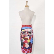 Abstract Portrait Print Zip-Back Split Side Midi Pencil Skirt