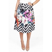 Women's Fashionable Floral Stripe Digital Print High Waist A-line Skirt