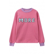 Loose MORE Letter Print Contrast Trim Elastic Cuffs Long Sleeve Pullover Sweatshirt