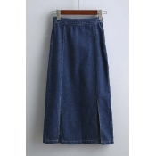 Fall New Split Front High Waist Midi Denim Skirt