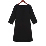 Black Solid Round Neck 3/4 Sleeve Plus Size Dress