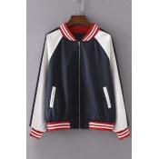 Stand-Up Collar Long Sleeve Zipper Front Color Block Bomber Jacket