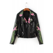 Stylish Floral Embroidery Notched Lapel Zip Up Leather Jacket