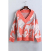 Fashion Relaxed V-Neck Dropped Long Sleeve Color Block Sweater