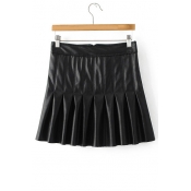 Zip Back Pleated Fashion PU Leather Mini Skirt