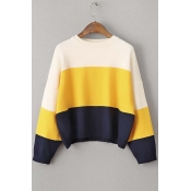 New Striped Color Block Dropped Long Sleeve Sweater with Round Neck