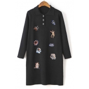 Fall Winter Lapel Embroidery Floral Shirt Dress with Long Sleeve