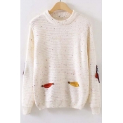 Sweaty Embroidery Owl Pattern Colorful Dots Elastic Trim Sweater with Long Sleeve