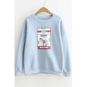 Preppy Style Graphic Print Dropped Long Sleeve Pullover Sweatshirt with Round Neck