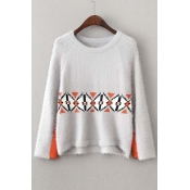 Geometric Print Colorblock Dipped Hem Sweater
