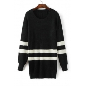 Round Neck Black White Stripe Color Block Pullover Sweater