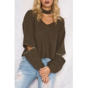 Stylish Cut Out V-Neck Zipper Dropped Long Sleeve Cropped Sweater