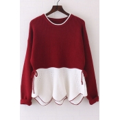 Fashion Color Block Drawstring Waist Ruffle Hem Pullover Sweater with Long Sleeve