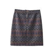 Fashion Geo Print High Waist Zip Front Wool Skirt