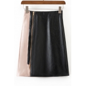 High Rise Color Block Zip Side PU Leather Mini Skirt