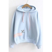 Preppy Style Hooded Plain Letter Print Dropped Long Sleeve Hoodie